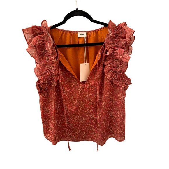 Aureum Women's Floral Ruffle Top Boho Style Size L 100% Rust/Orange - Picture 5 of 10